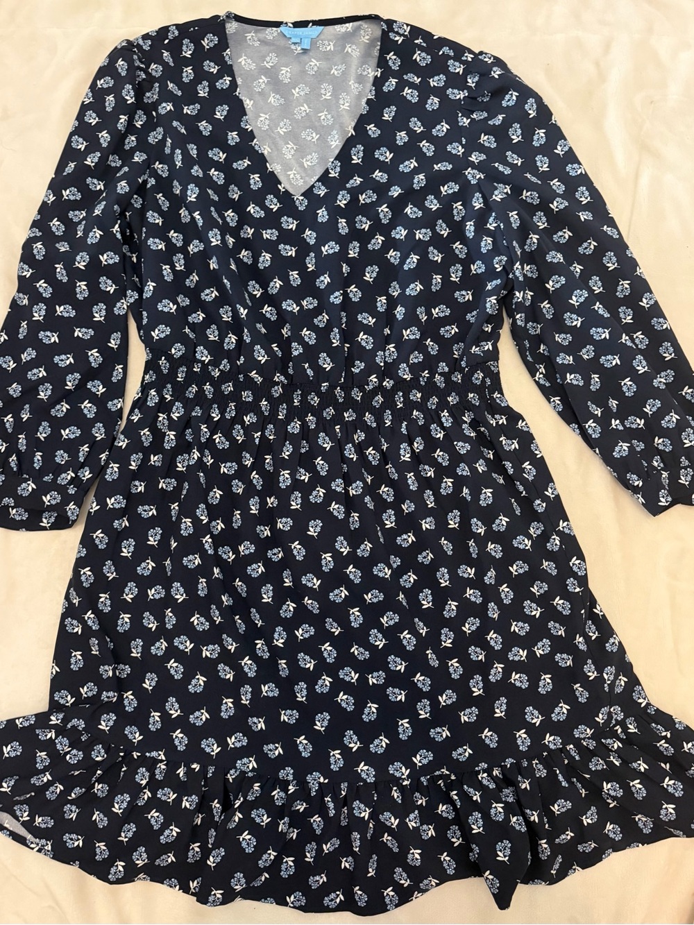 Draper James Navy Floral V‑Neck Ruffle Hem Dress